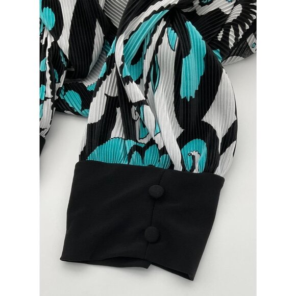 Covington 3/4 Sleeve Square Neck Accordion Pleat Retro Floral Blk Wh Teal Top LG - Picture 9 of 10